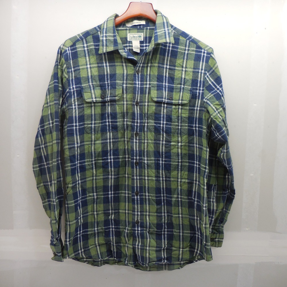 LL Bean Mens Flannel Shirt Medium Slightly Fitted Green Navy Plaid 296565